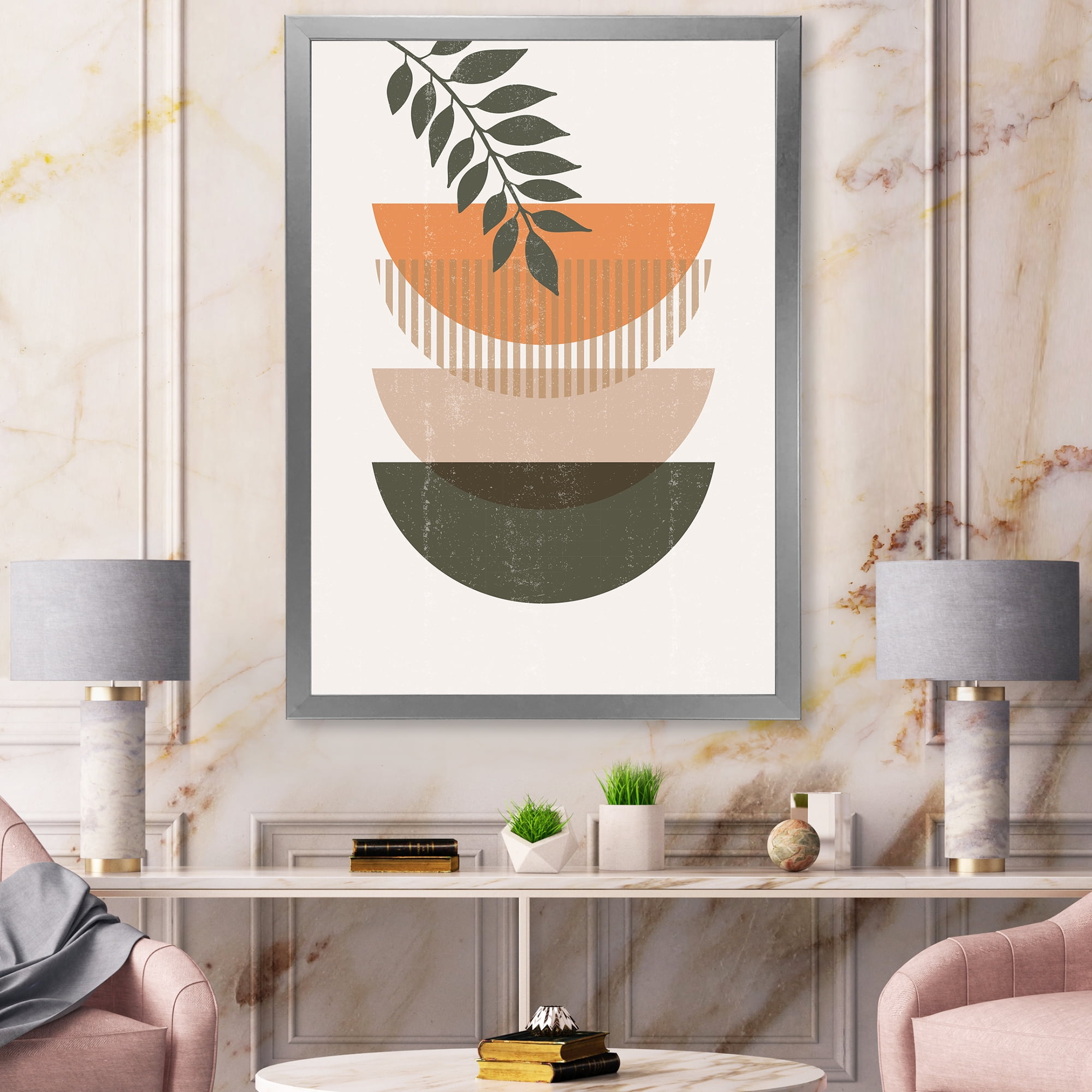 Designart 'Abstract Geometrical Moon and Sun With Leaf II' Modern Framed Art Print