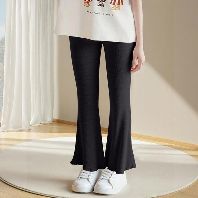 Cowsor Girls Pants Kids Ribbed Flare Pants High Waist Bell Bottoms
