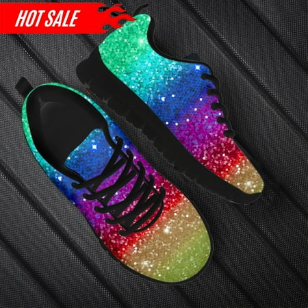 

Cool Rainbow Glitter Texture Printed Girls Flat Shoes Breathable Slip-on Mesh Sneakers Outdoor Lace up Scarpe Donna