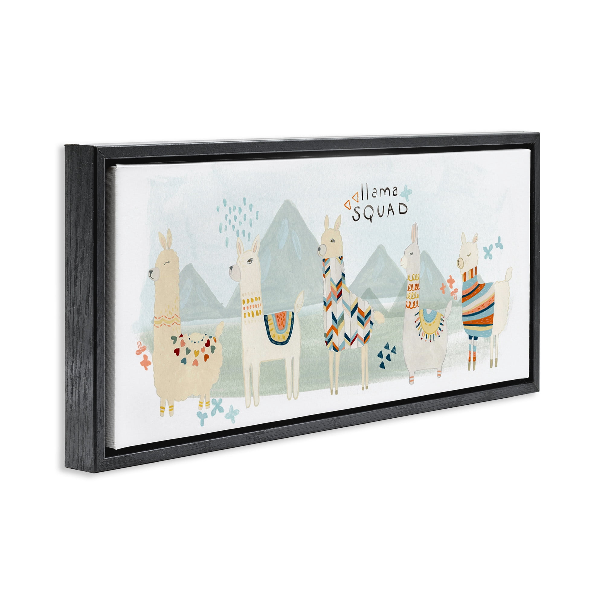 Stupell Industries Llama Squad Whimsical Patterns Animals & Insects Painting Black Floater Framed Canvas Art Print Wall Art, 25 x 11