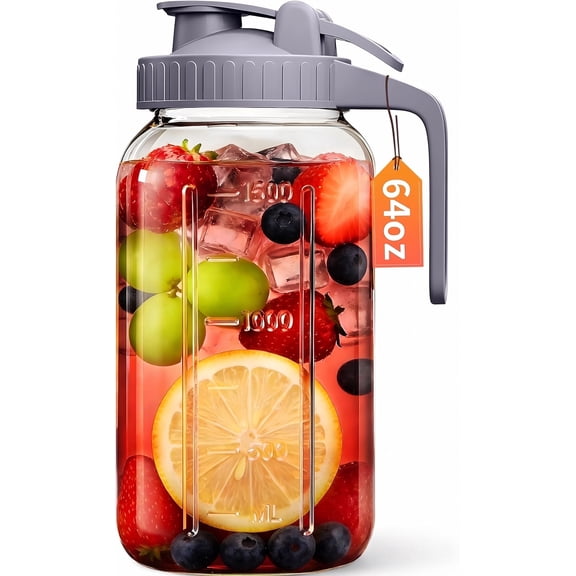 64oz Glass Pitcher with Lid, 2 Quart Mason Jar Pitchers, Ultra-thick Glass, Leak Proof, Wide Mouth Breast Milk Glass Jug, Cold Brew Coffee, Fridge Container for Water, Juice, Sun Tea - Gray