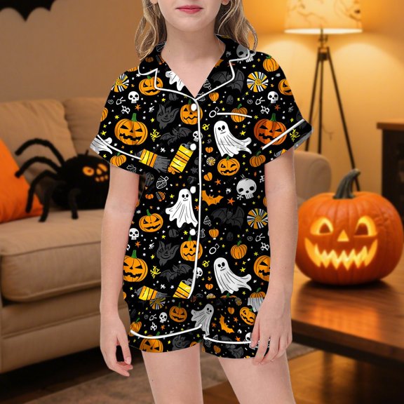 Outfit Sets for Girls Halloween Elements All Over Print Short Sleeve Shirt Shorts 2 Piece Outfits Size 2-3Y