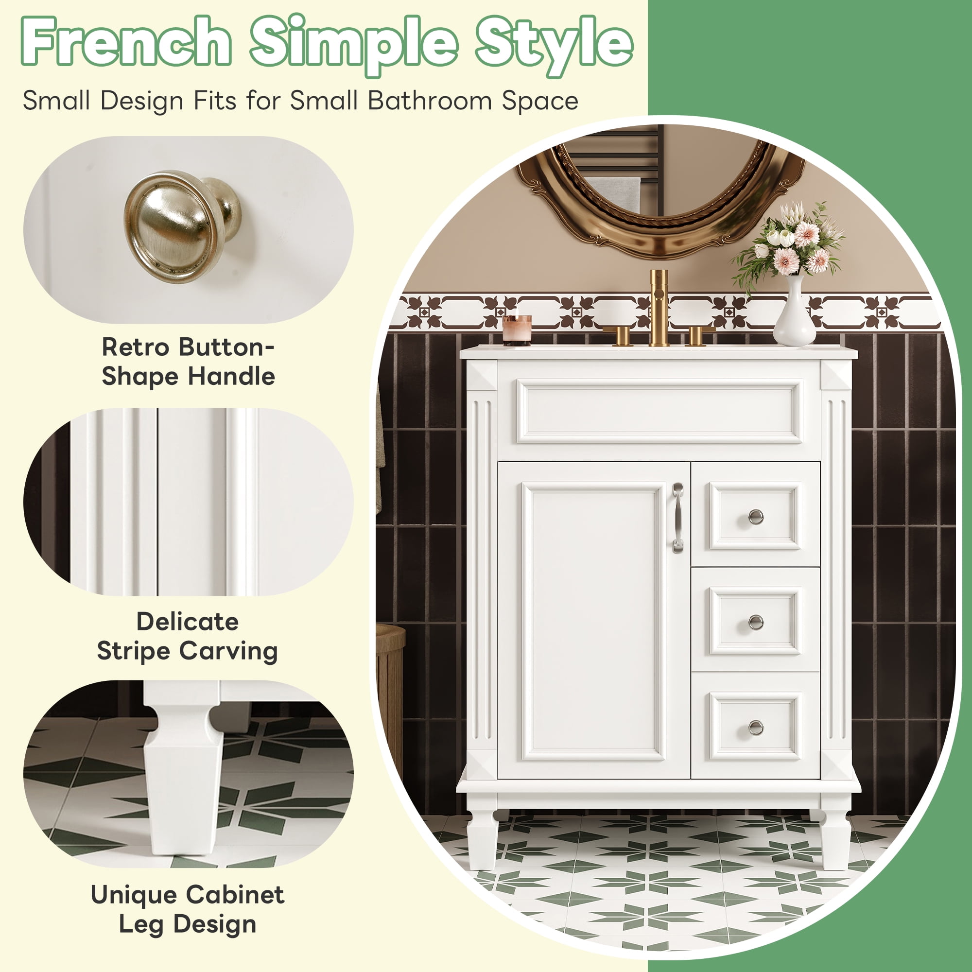 Euroco 24" Bathroom Vanity with Ceramic Sink, Small Bathroom Sink Cabinet, Modern Cabinet with 2 Drawers and Adjustable Shelf
