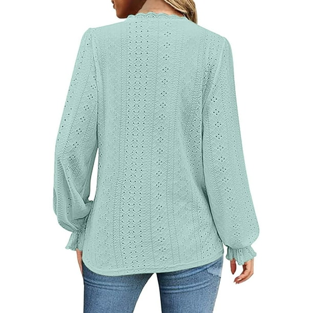 Top de manga larga con cuello en V y ribete de encaje para mujer - Blusa con detalle de ojales, poliéster/spandex, informal/playa - Tallas S-XXL