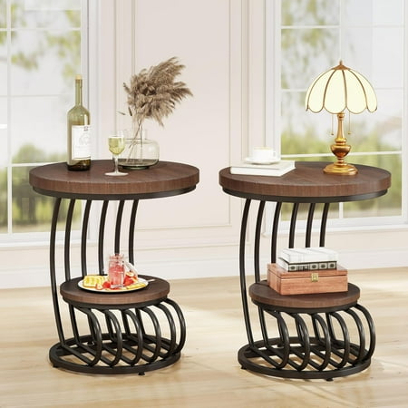 Tribesigns 2-Tier Round End Table Set of 2 Wood Side Table with Storage Shelf Arc-Shaped Metal Frame Bedside Nightstand for Living Room Bedroom Rustic Brown & Black