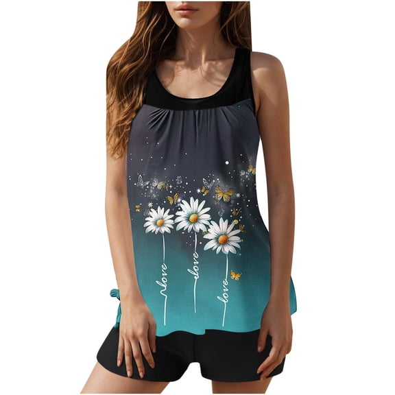 UPPADA Modest Tankini Swimsuits for Women Two Piece Cute Floral Print Beach Vacation Swimwear Cute Bathing Suits Blouson Tank Tops with Board Shorts Blue Swim Suits for Women,L