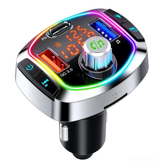 Bluetooth 5.3 FM Transmitter for Car, Radio Transmitter for Car, QC18W & PD30W Fast Charging, Dual Screen Display, 7 Color LED Backlit Lights, Voice Assistant, Hands-Free Calling,Auto Memory Function