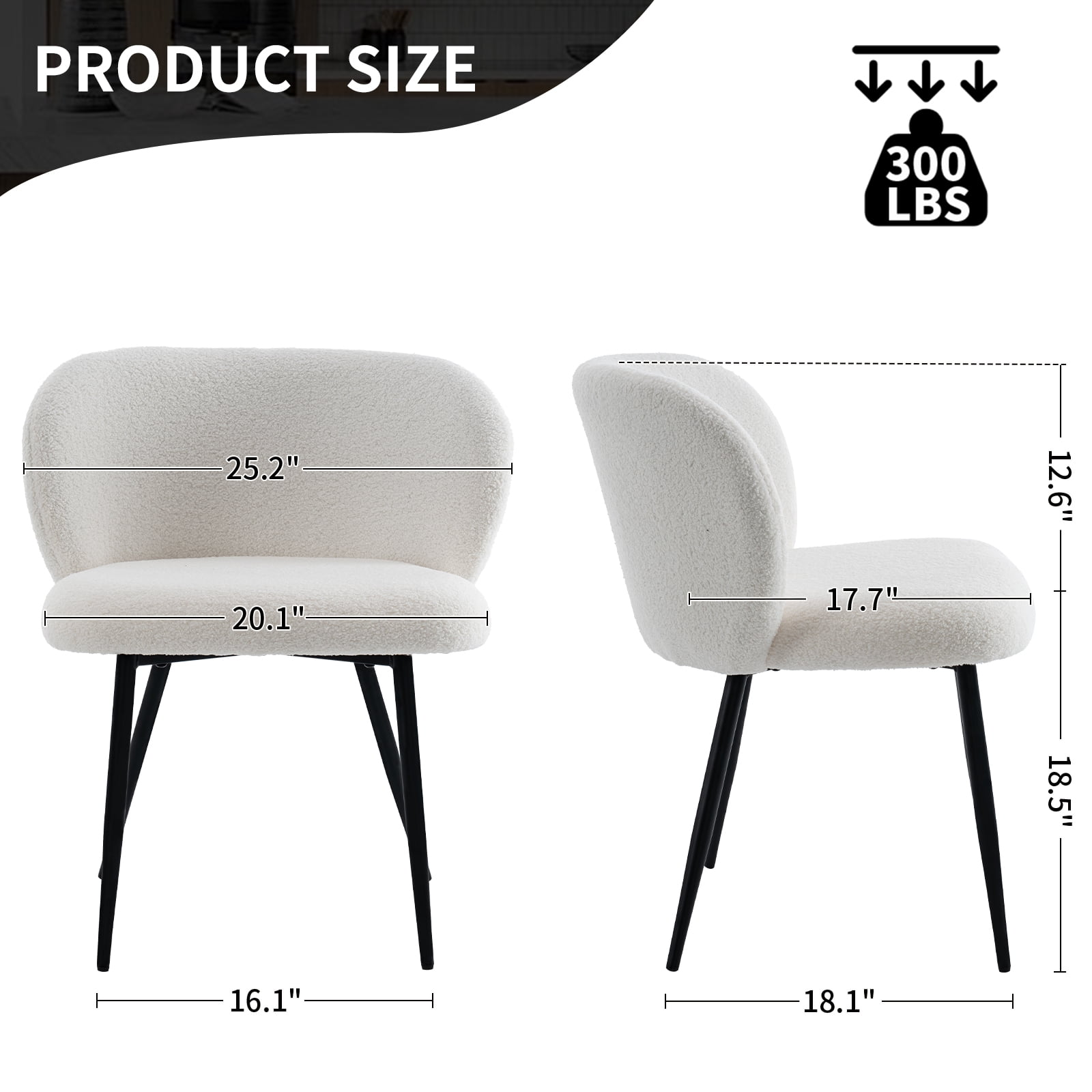 Rongbuk Modern Teddy Dining Chairs Set of 2, Comfy Kitchen Armless Chairs with Thick Cushions, Wingback Chair, Upholstered Dining Room Chairs with Metal Legs for Dining Room, Living Room, White