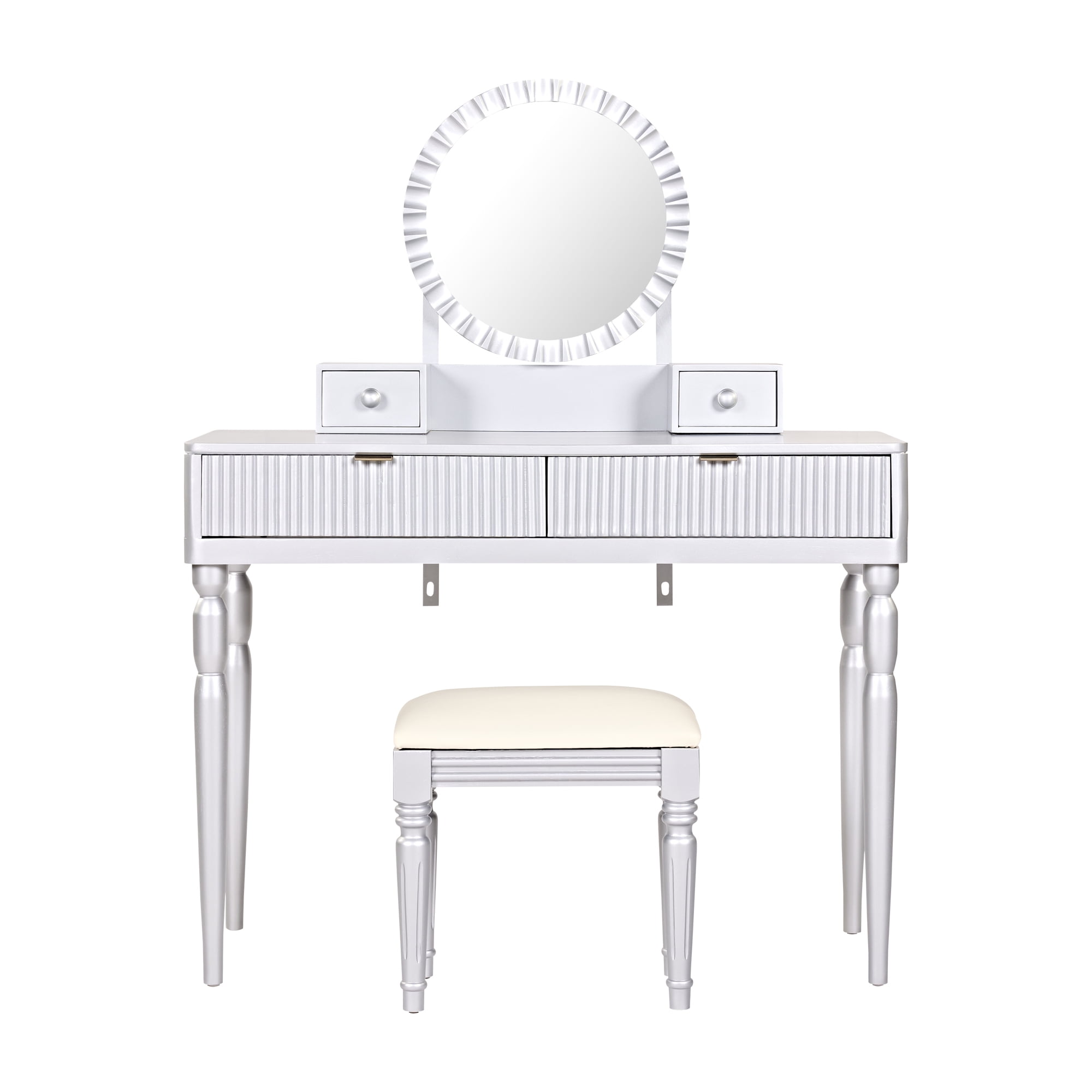 Homy Casa Makeup Vanity Table with Round Mirror, 4 Drawers & Stool, Silver