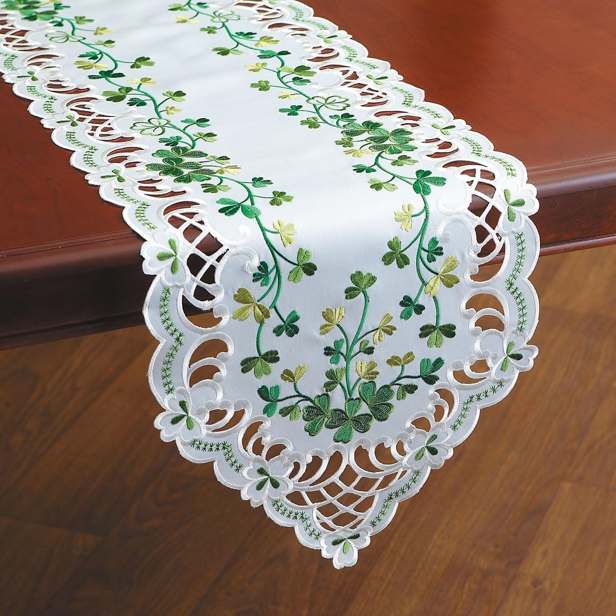 Current Irish Shamrocks Cutwork Table Runner - 13" x 72" Table Linen, Embroidered with Cut-Work, Machine Wash/Dry