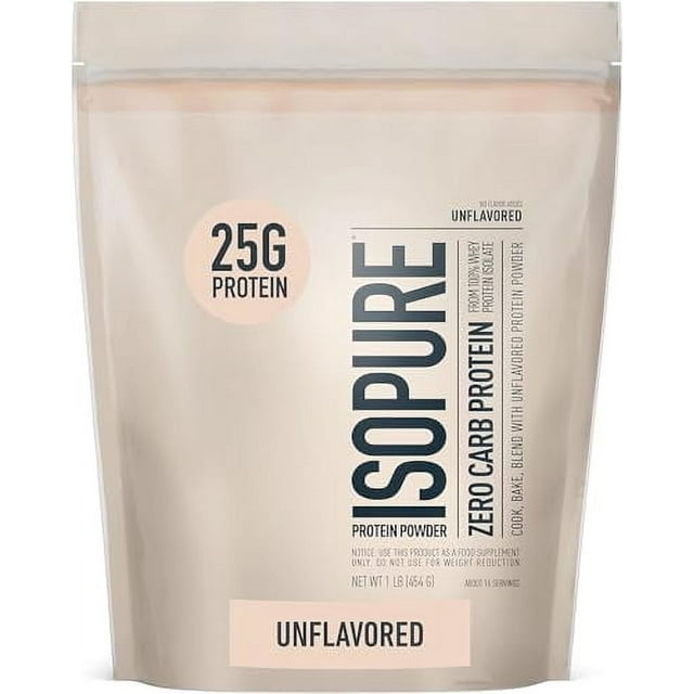 isopure unflavored protein, whey isolate, with vitamin c & zinc for immune support, 25g protein, zero carb & keto friendly, 1 pound (packaging may vary) Bolsa frontal resellable beige con gran logo vertical ISOPURE, distintivo "25G PROTEIN", rótulo "ZERO CARB PROTEIN" y franja inferior "UNFLAVORED" sobre fondo blanco; indicada para batidos post-entrenamiento y también apta para añadir proteína neutra a recetas.
