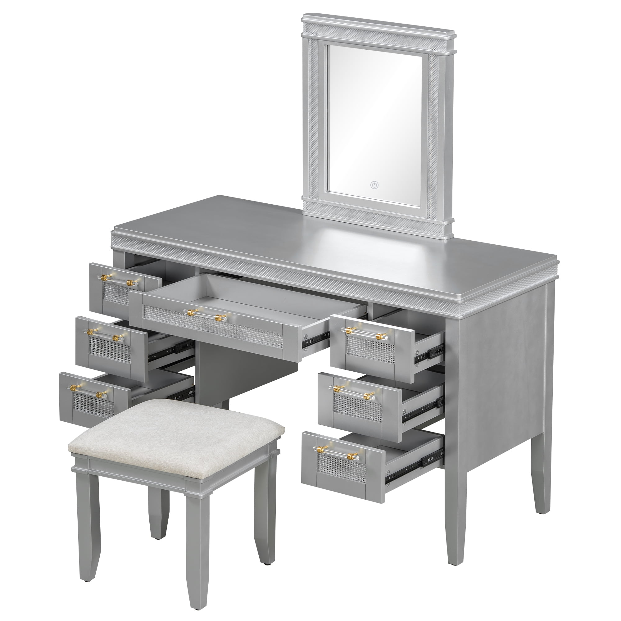 GARITIN 48 Inch Vanity Desk with Mirror & Lights, Makeup Vanity with 7 Drawers & Cushioned Stool, Dressing Table with Hollow Design Drawer, Rubber Wood Legs, Grayish Blue