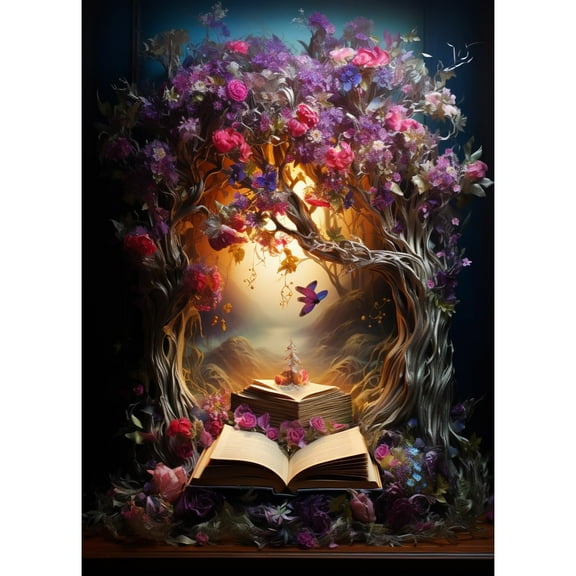 Magic Garland Tree and Book DIY 5D Diamond Art Paint with Full Drill Round Diamond Gems Painting by Number Kits for Adults Art Craft Home Wall Decoration 11.8x15.8inch