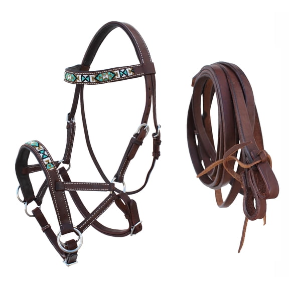 Horse Western Horse Leather Beaded Bitless Sidepull Bridle w/ Split Reins 77RS13BR
