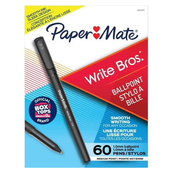 Paper Mate Ballpoint Pens, Write Bros. Black Ink Pens, Medium Point (1.0mm), 60 Count