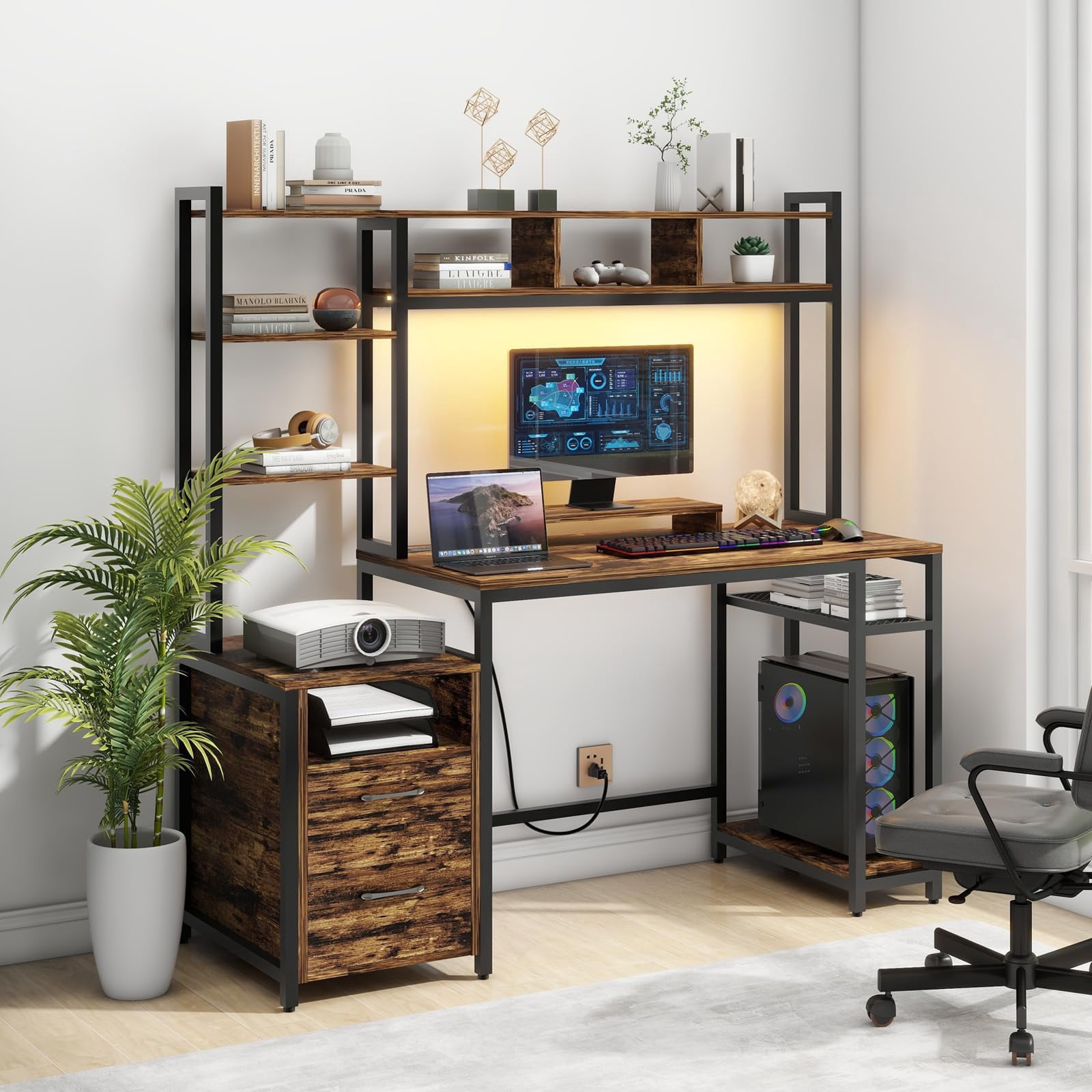 59" Home Office Desk with LED Lights and Power Outlets, Gaming Desk with Drawers and Shelves, Rustic Brown Finish