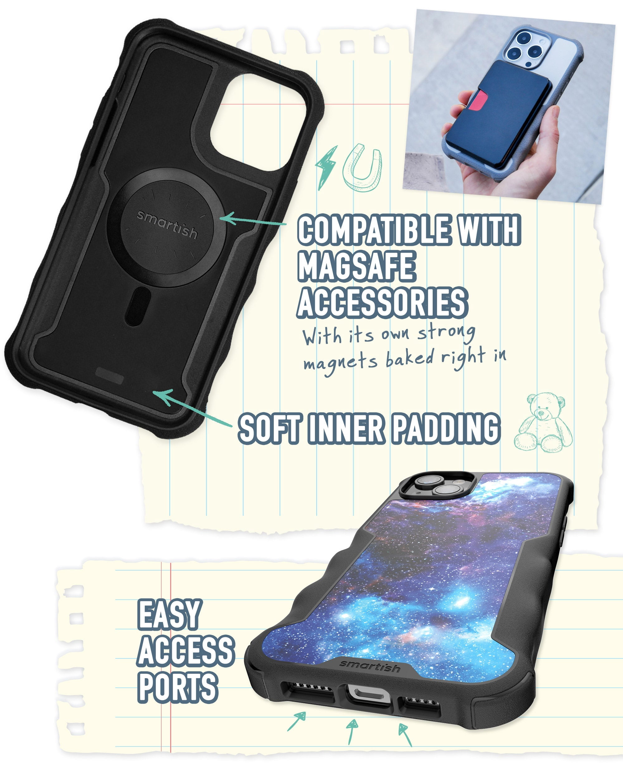 Smartish iPhone 15 Plus Protective Case - Gripzilla Compatible with MagSafe [Rugged + Tough] Heavy Duty Armored Slim Cover with Drop Protection - Spaced Out