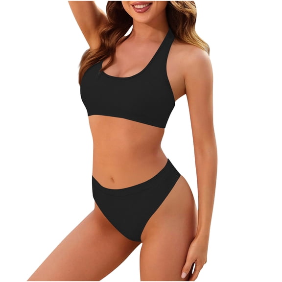 qucoqpe Women's Bikini Sets Two Piece Bathing Suits Solid Color Backless Beach Sporty Swimsuits