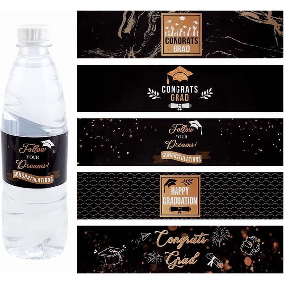 5 Styles Graduation Water Bottle Labels 50pcs Congrats Grad Bottle Stickers Black Gold Adhesive Waterproof Bottle Wraps Label Decorative Celebration Label