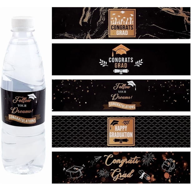 Etiquetas para botellas de agua de graduación, 50 unidades, pegatinas adhesivas negras y doradas, impermeables, decorativas, para celebraciones.