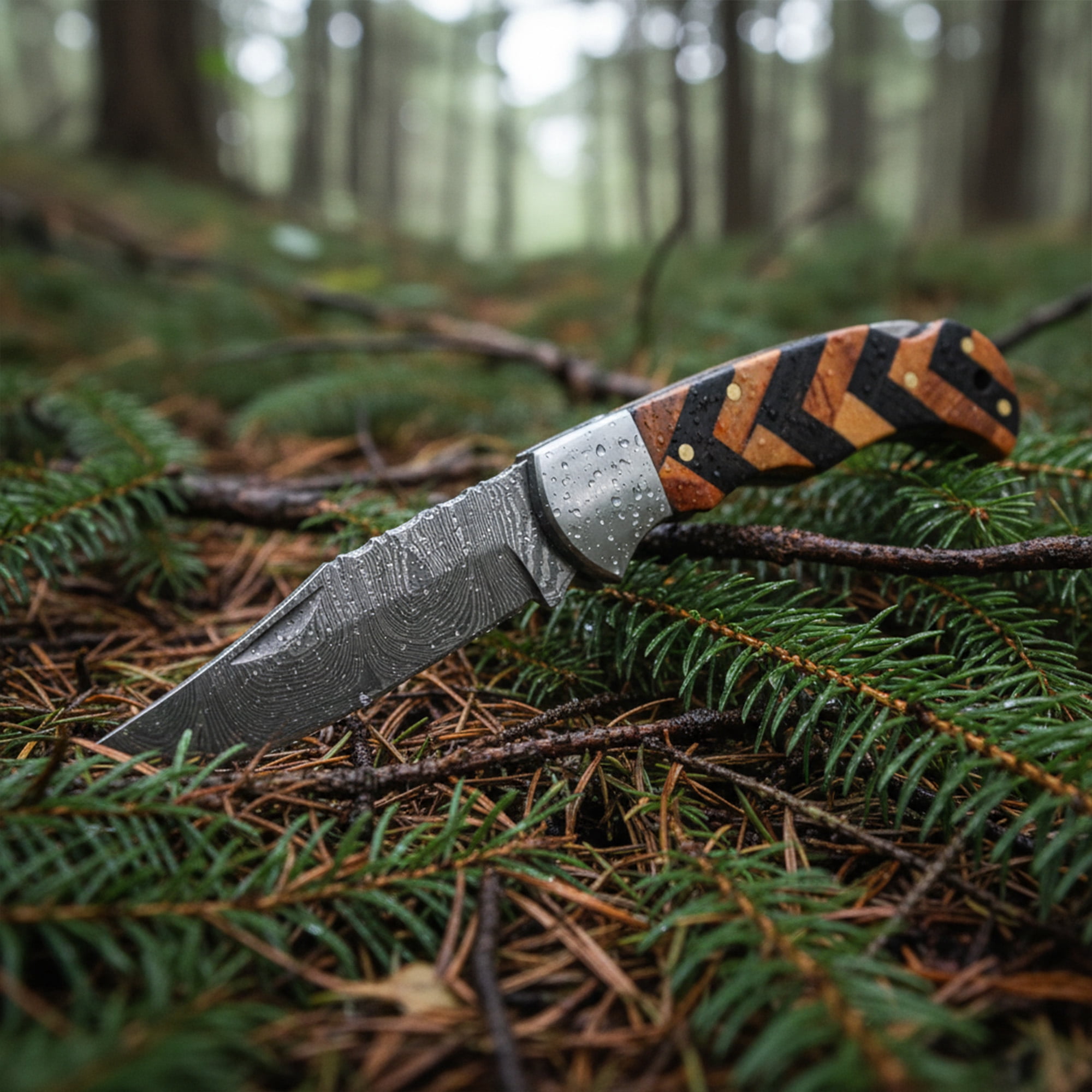 SANZ Forge & Midnight 3.75 Inch Folding Utility Knife with Damascus Pattern Blade and Wood Handle
