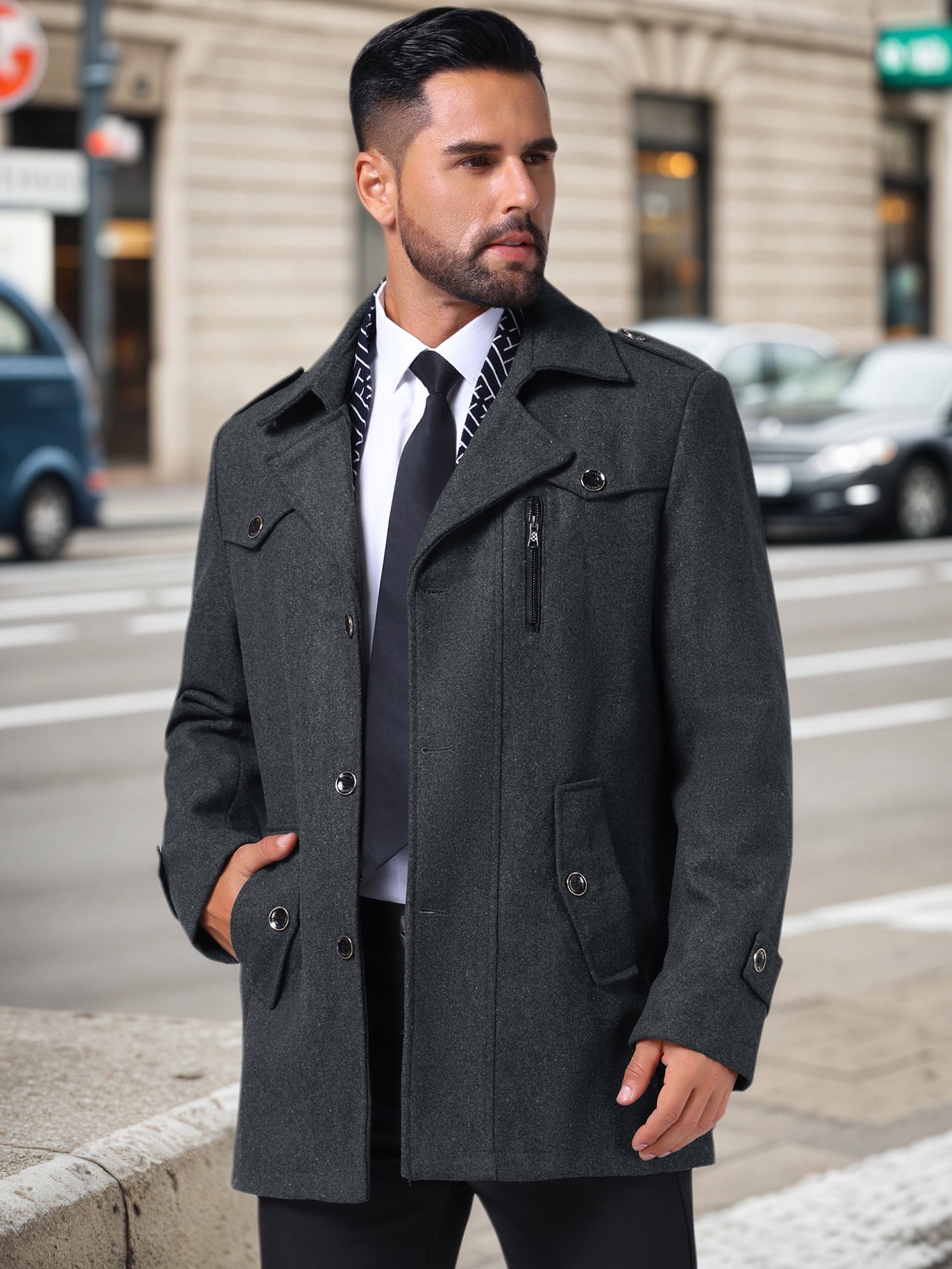 DARING DIVA Men's Mid-Length Overcoat Zipper Single Breasted Winter Coat S Gray