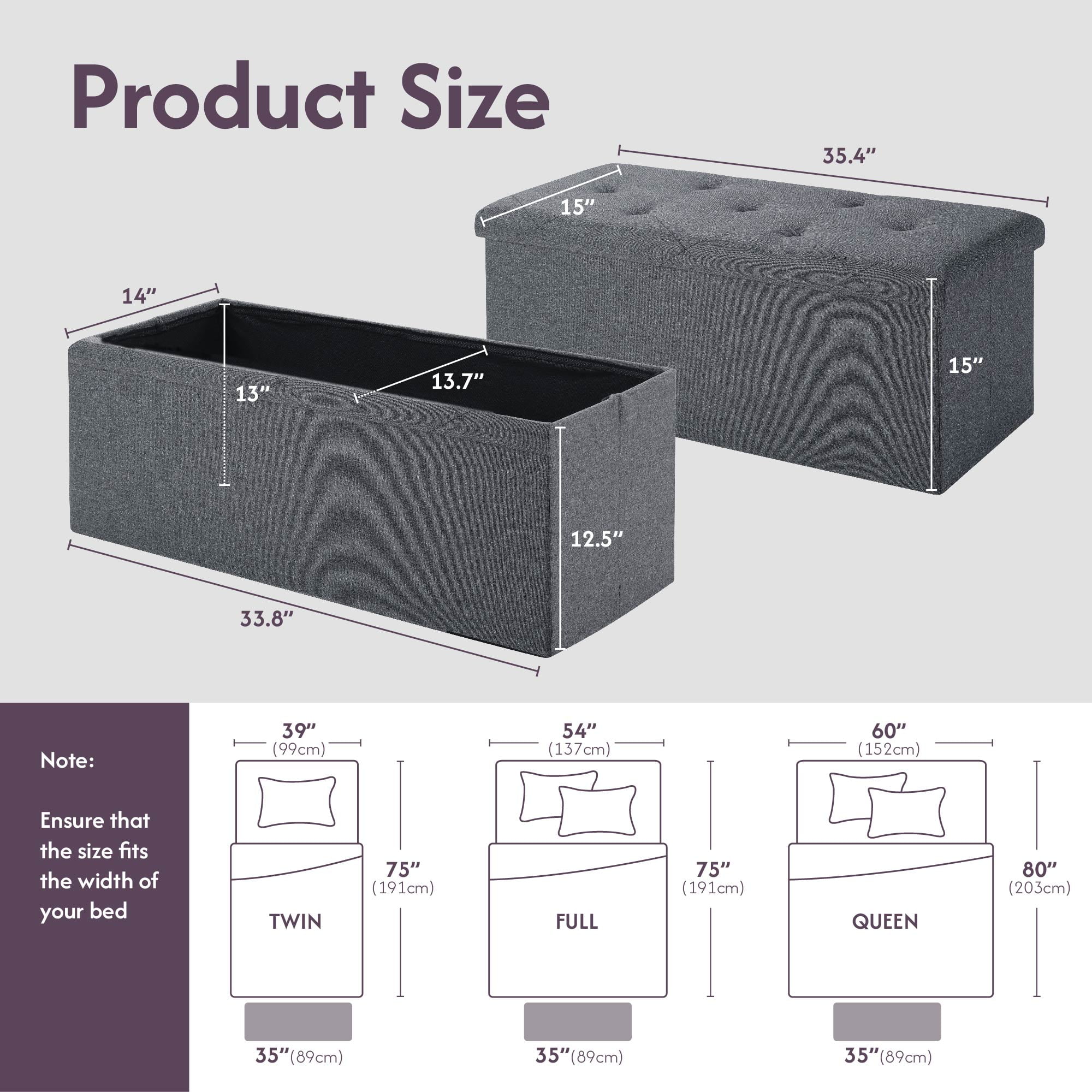 GARITIN 35-Inch Folding Storage Ottoman Bench with 129L Capacity, Linen Upholstered Foot Rest End of Bed Storage Chest, 250lb Support Space-Saving Foldable Seat for Living Room Bedroom Entryway, Gray