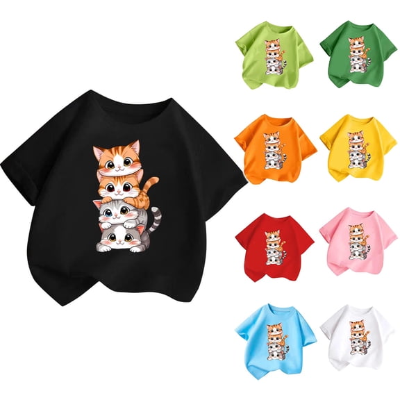 Lovzfmll T-Shirts for Boys & Girls, Cat Print Short Sleeve Tee, Casual Loose Fit Pullover Graphic Tees for Toddler 2-4 Years