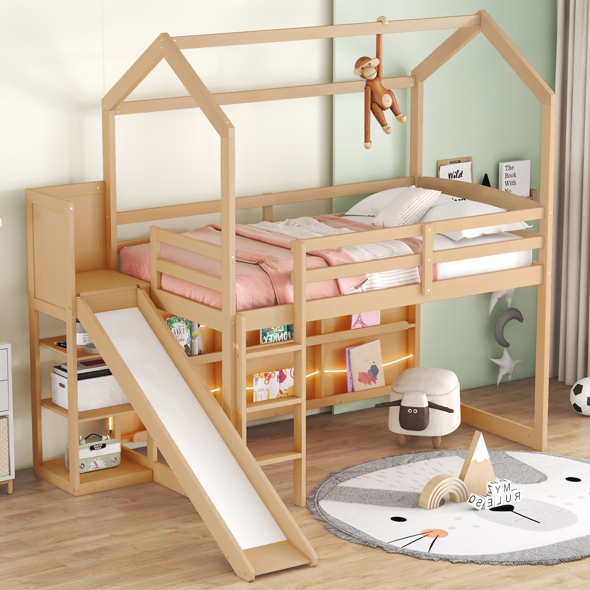 Euroco Wood Twin Size Loft Bed with Shelf and Slide, LED Light Strip and Bookcase for Kids Teens Adults, Wood