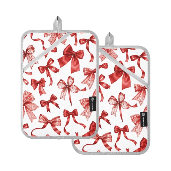 Two Pieces Of Square Heat Insulation Pad Oven Mitts Red Bow 7x9.8 Inch Oven Microwave Kitchen Cooking Baking
