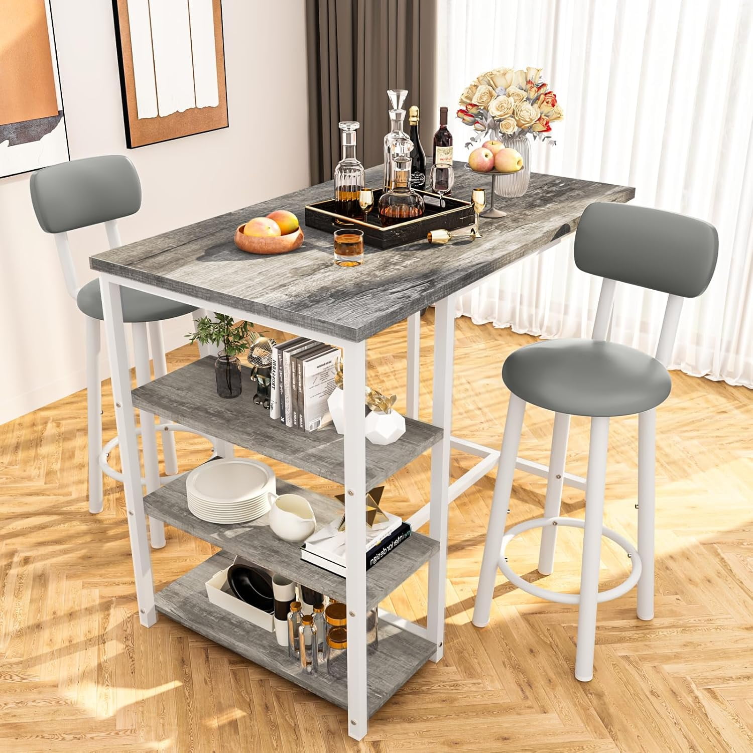 LinkRomat Dining Table Set for 2,3 Piece Pub Table and Chairs Set with Storage Shelves, Small Space Bistro Kitchen & Bar Tables, Counter Height Dining Set, Gray