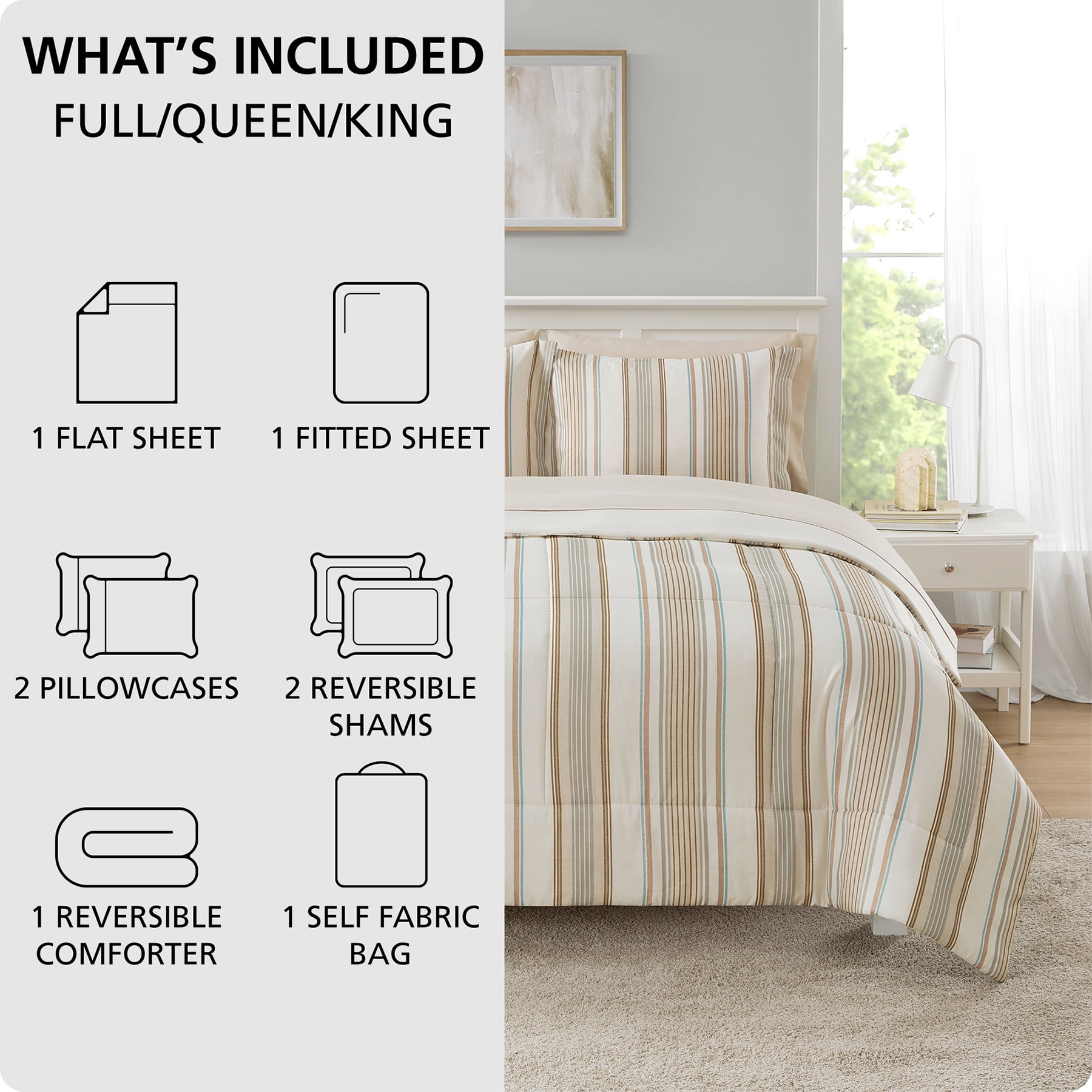 Mainstays All-In-One Reversible Comforter and Sheet Set - 7 Piece, King, Beige Stripe
