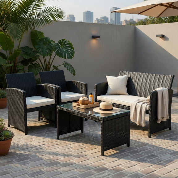 Hommoo 4-Piece All-Weather Wicker Patio Furniture Set, PE Rattan Loveseat & Single Sofas with Tempered Glass Coffee Table and Removable Cushions, White