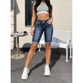 thumbnail image 5 of Women's High Waisted Stretch Denim Bermuda Shorts with Rolled Cuffed Hem and 2-Button Closure, Dark Blue Wash Slim Fit Summer Jean Shorts, 5 of 7
