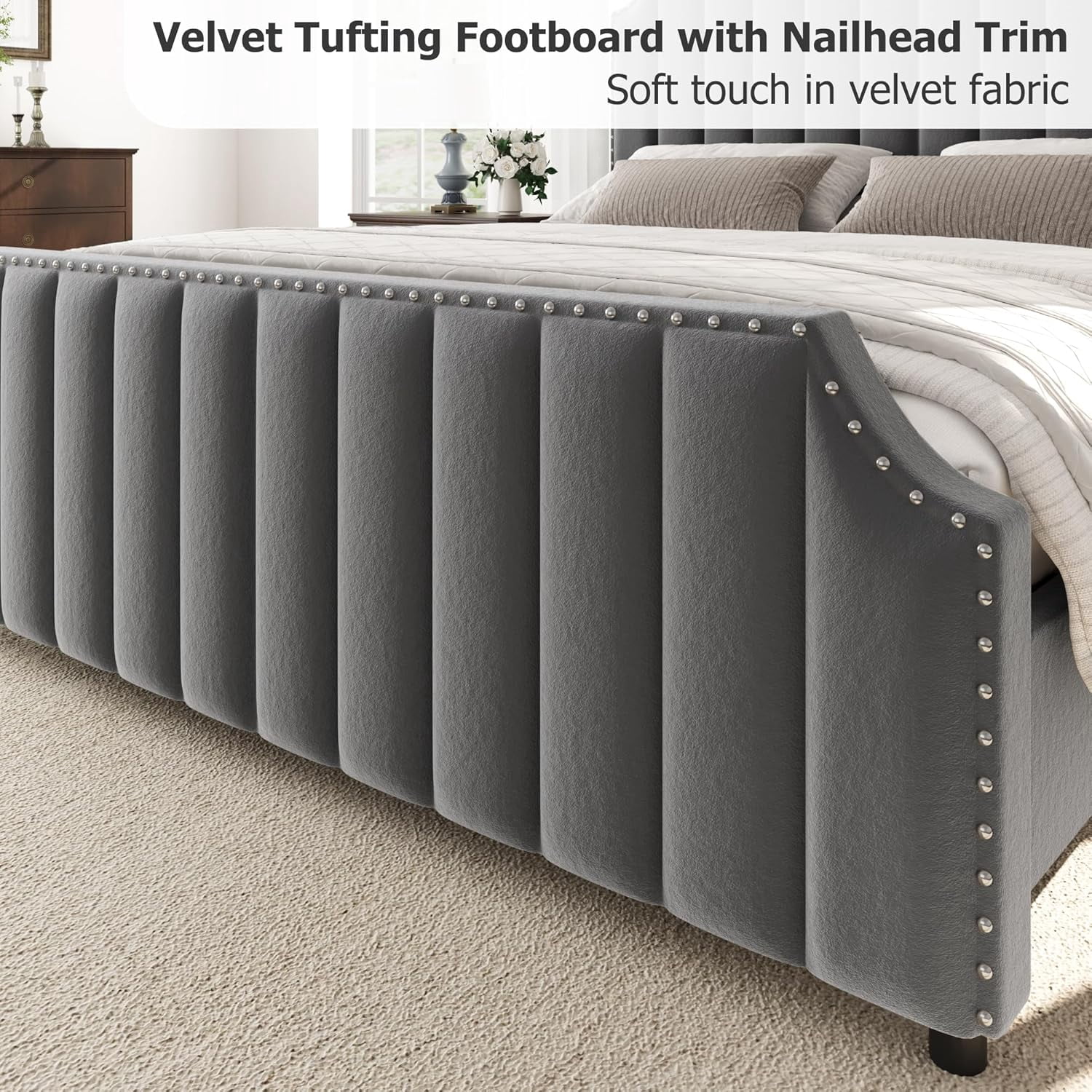 Garvee Queen Size Platform Bed Frame, Velvet Upholstered with 50.2" Channel Tufted Headboard, Nailhead Trim, Sturdy Wood Slats, No Box Spring Needed, Grey