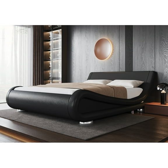 Allewie Queen Size Low Profile Modern Upholstered Platform Bed Frame with Ergonomic & Adjustable Headboard, Black