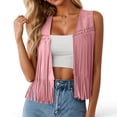 thumbnail image 2 of Fringe Vest Women Western Cowgirl Jacket 70s Hippie Suede Rivet Open Front Outerwear Country Concert Tops, 2 of 9