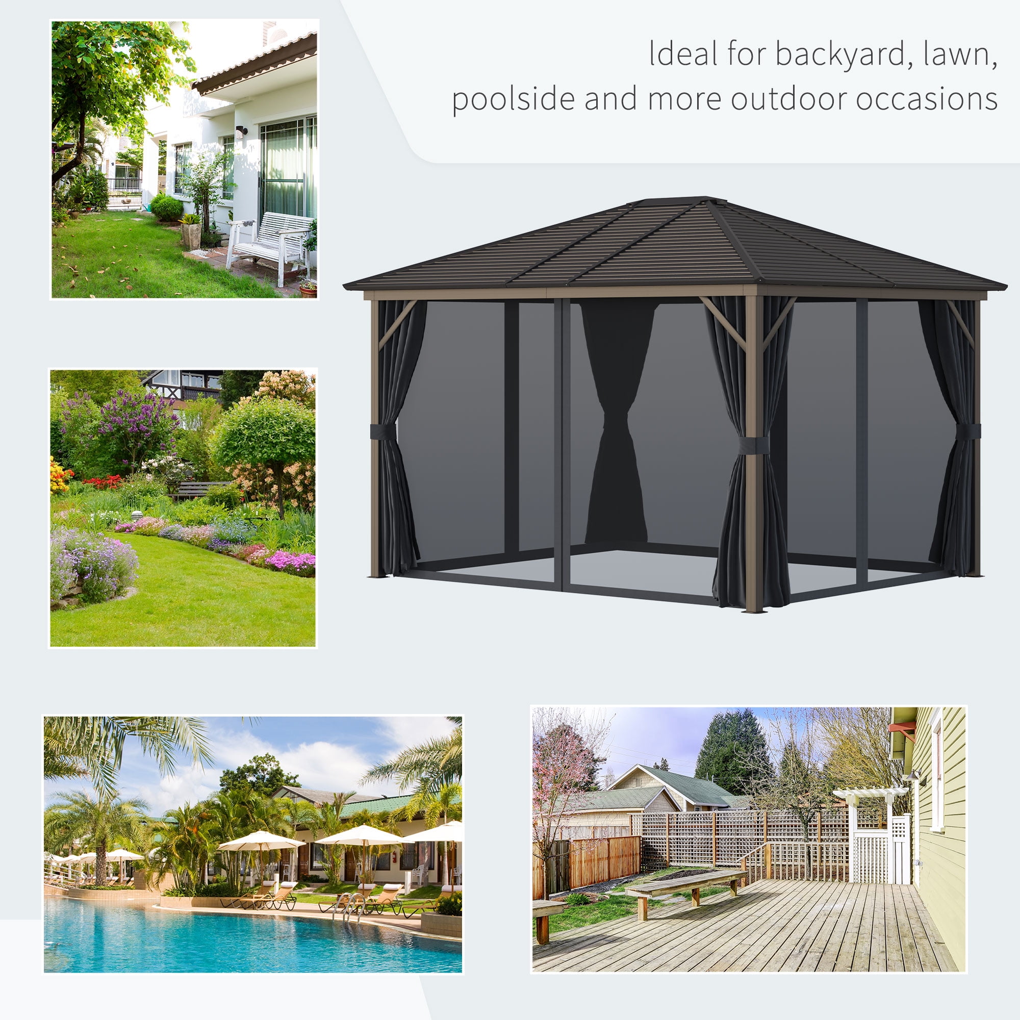 Outsunny 10' x 12' Hardtop Gazebo with Curtains and Netting, Gazebo Canopy with Aluminum Frame and Hooks, Dark Gray