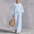 thumbnail image 4 of Mifsaly 2 Piece Linen Set for Women Crewneck Balloon Sleeve Tops and Lounge Trousers Trendy Going Out Travel Airport Vacation Matching Outfits, 4 of 7