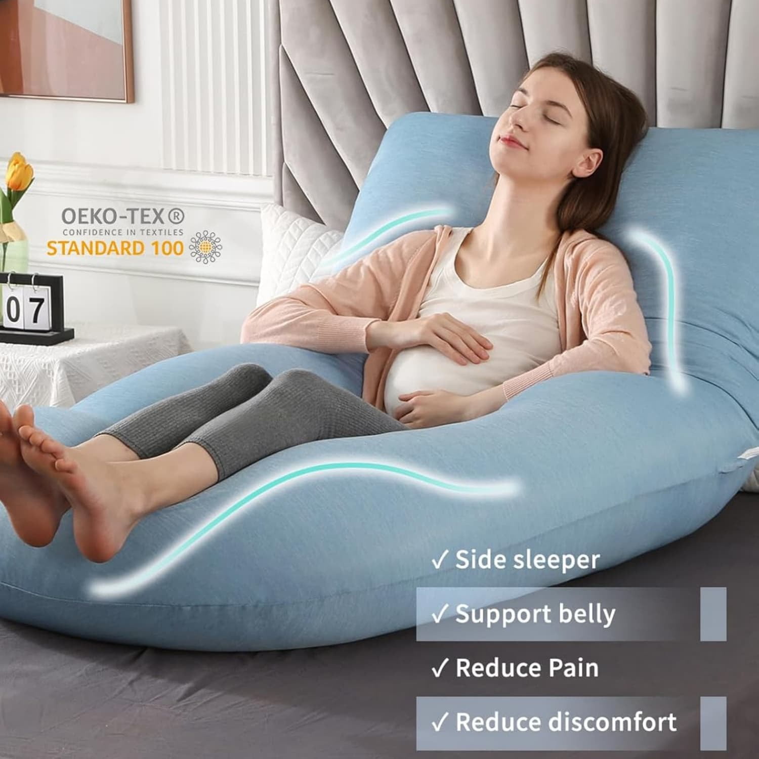 60 inch Pregnancy Pillow with Removable Velvet Cover, Side J Type Full-Body Pillow for Back, Legs and Belly Support, Comfortable Slumber for Pregnant Women