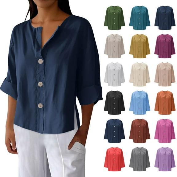 Fashion Womens Summer Linen Shirt Roll-Up Long Sleeve Tops Button Irregular Tunic Pockets Blouse Tops