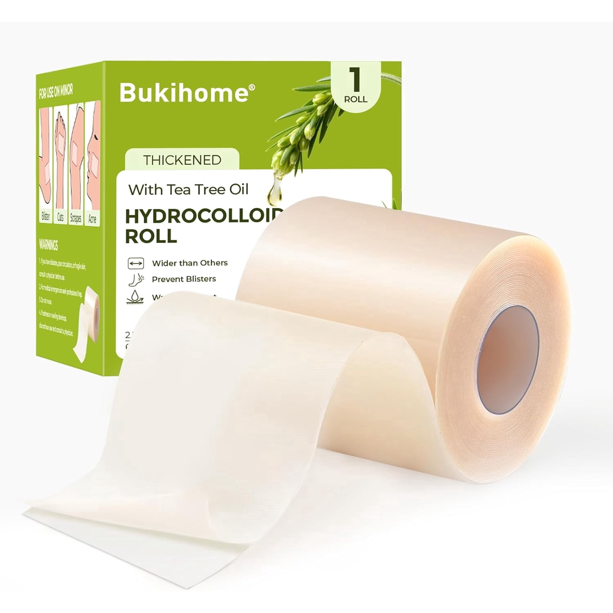 Bukihome Thickened Hydrocolloid Roll with Tea Tree Oil – 2.56in x 16.4ft Self-Adhesive Gel Bandage Tape for Blisters, Burns & Acne, Cut-to-Size & Ultra Absorbent, First Aid Essential