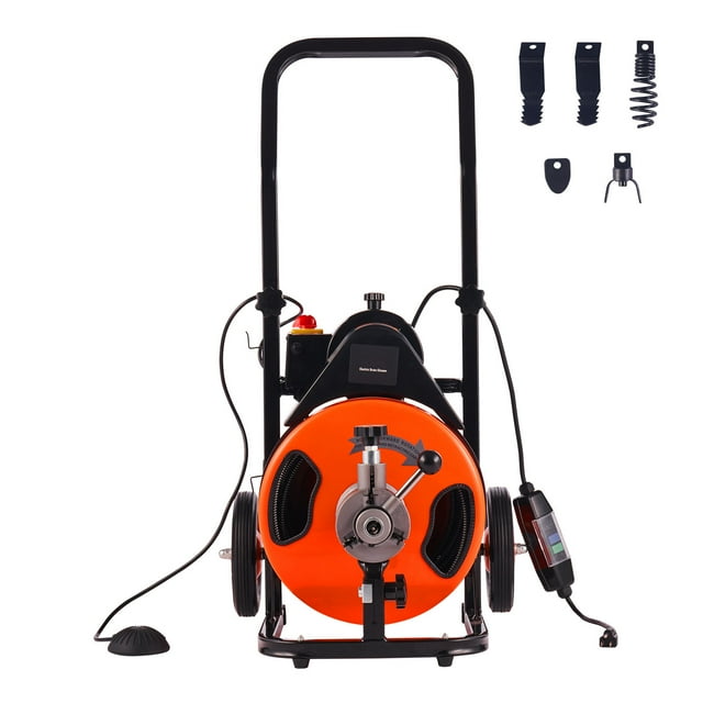 KFFKFF Sewer Auger 100FT x 3/8 Inch, Automatic Feed Drain Cleaner, Includes 4 Blades & Air Foot Switch, Suitable for 1"-4" Pipes