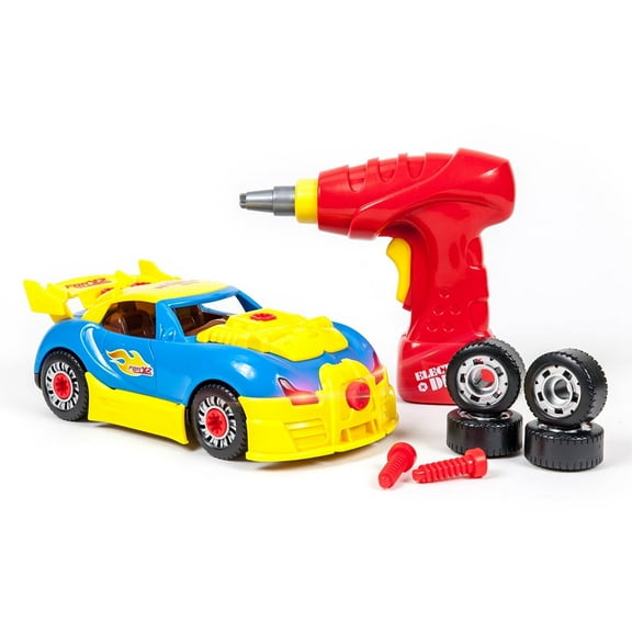 PicassoTiles LED Racing Cars with Toy Drill – STEM Construction Educational Race Car Toy for Kids