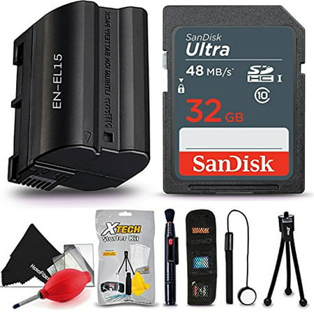 SanDisk 32GB Ultra SD Memory Card + EN-EL15 Battery + Xtech Starter Kit for Nikon D850 D810 D810a D800 D800e D750 D610 D600 D7000 D7100 D7200 D7500 DSLR