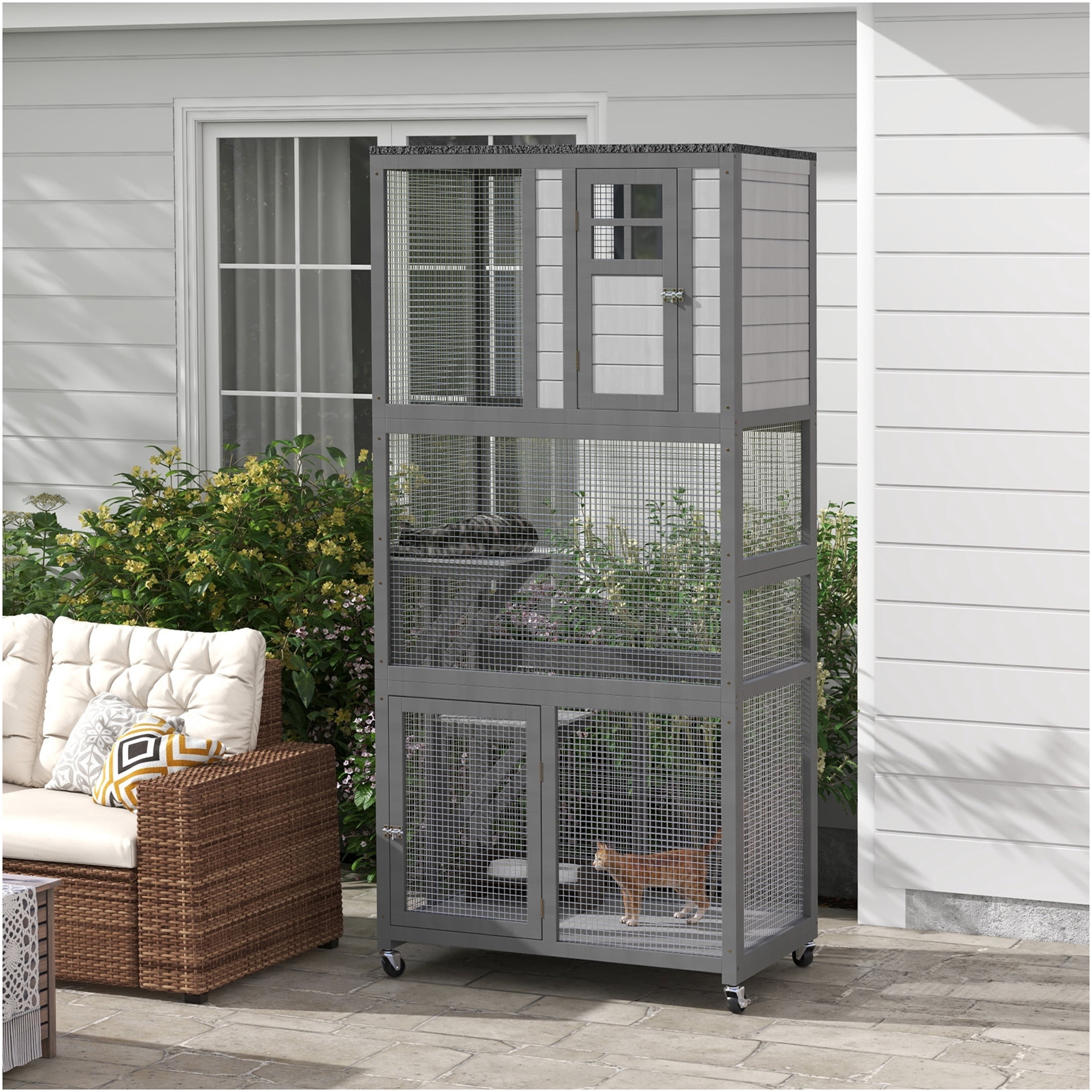 JERFIT 74" Outdoor Wooden Cat House Enclosure with Wheels, Weatherproof Large Catio Cage Condo for Indoor Outside Use, Light Gray