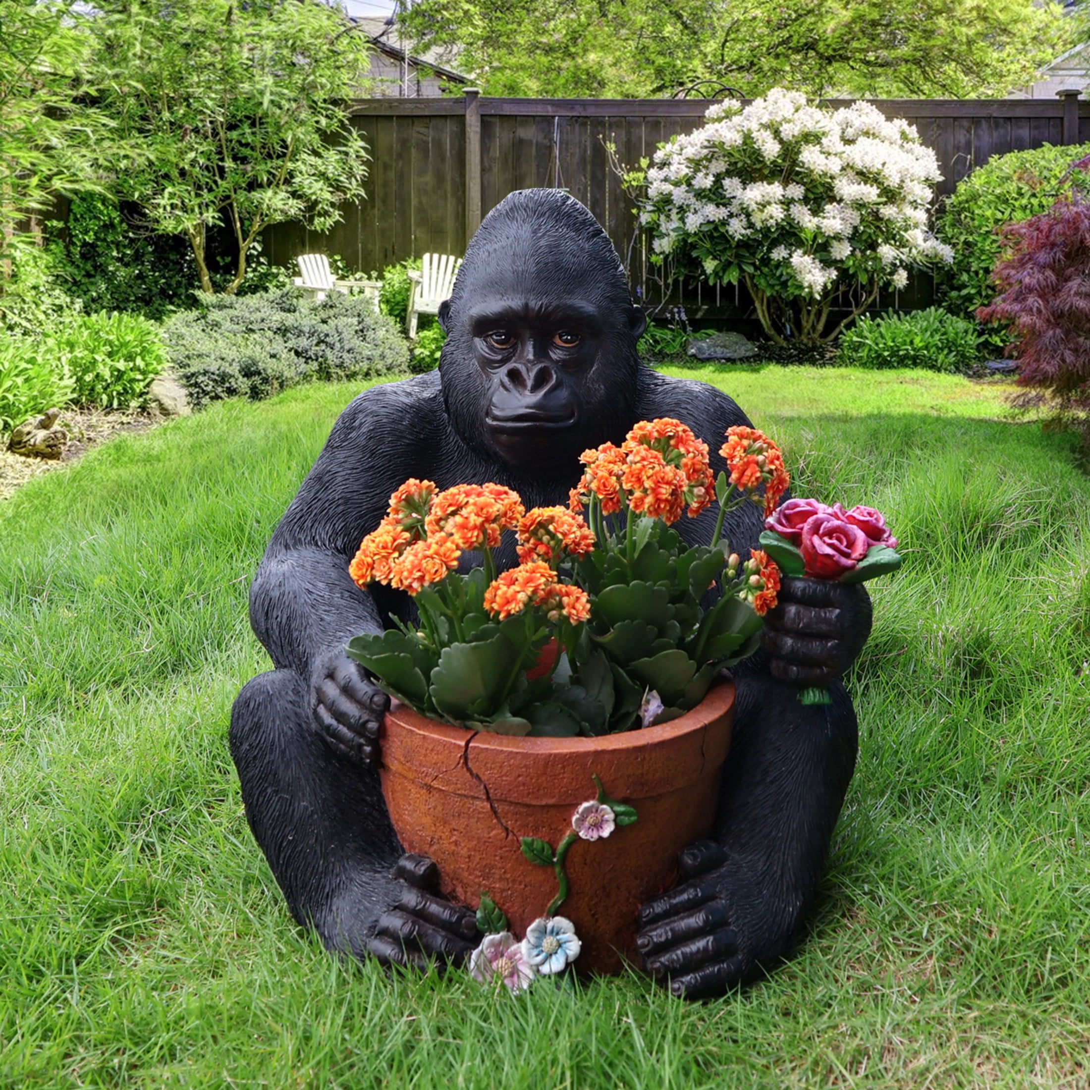 Noble House Sitting Chimpanzee Garden Planter Pot, Whimsical Resin Figurine Flower Pot for Outdoor Porch and Yard Decor, Multicolor