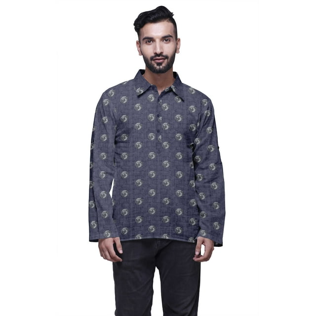 Atasi Kurta à Manches Longues pour Hommes en Coton Imprimé avec Col Évasé Ethnique