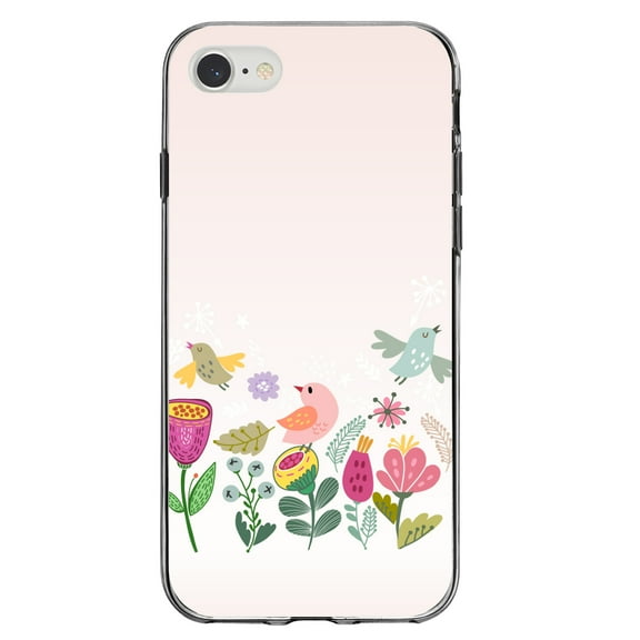 DistinctInk Clear Shockproof Hybrid Case for iPhone 7 8 SE (2020 Model) 4.7" Screen TPU Bumper Acrylic Back Tempered Glass Screen Protector - Spring Collection - Flowers and Birds