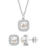 Miabella Women's 7-7.5mm Cultured Freshwater White Pearl and 3/5 Carat T.G.W. Created White Sapphire 10kt White Gold Pearl Halo Pendant with Chain and Earrings Set